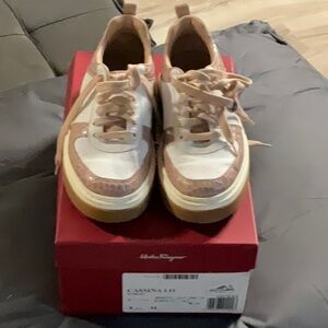 Salvatore Ferragamo White and Tan Sneakers